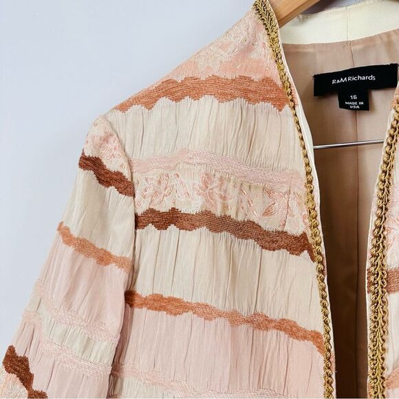 Vintage R&M Richards - Cream Tan Fall Boho Bohemian Stripes Blazer - Size 12 - Picture 4 of 11